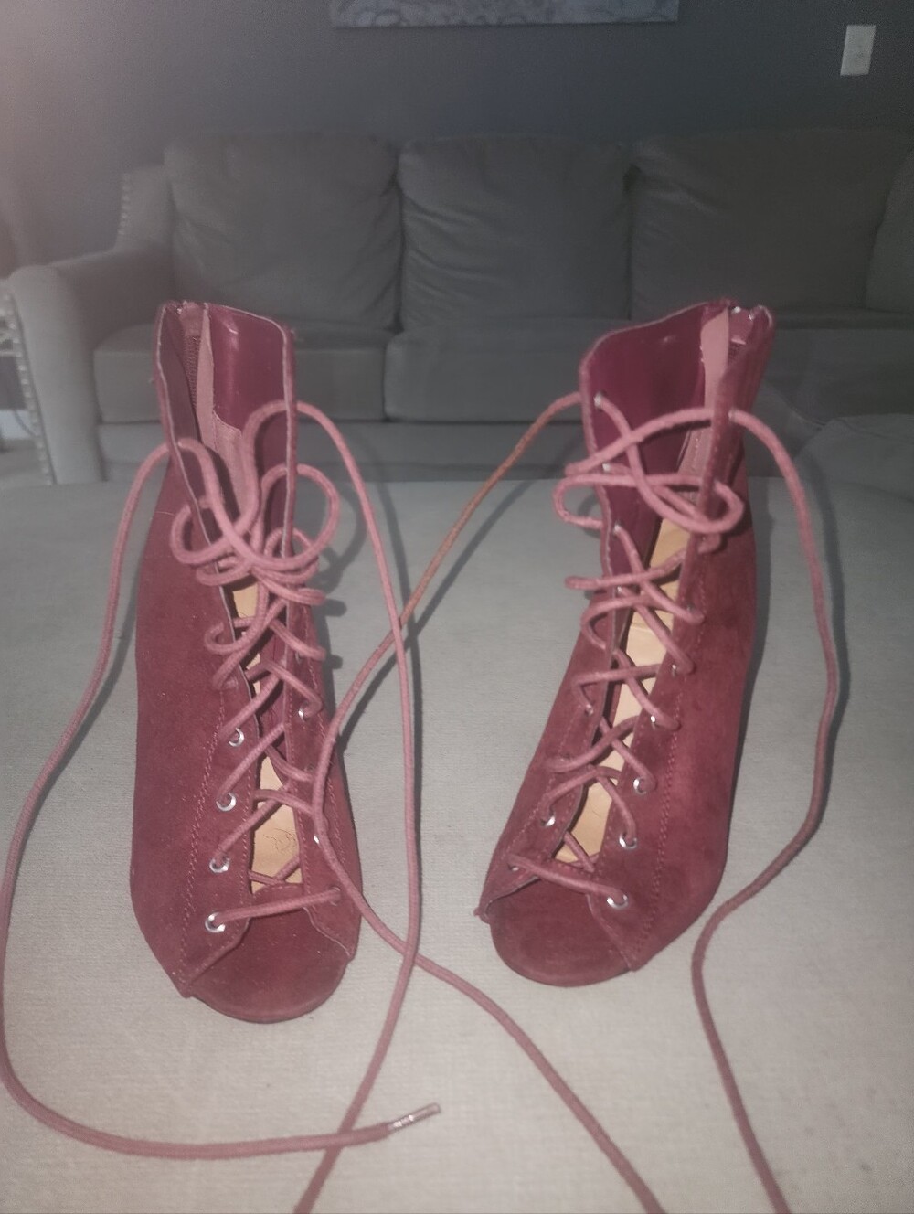 Lace-Up Peep Toe Wedge Heels in Burgundy